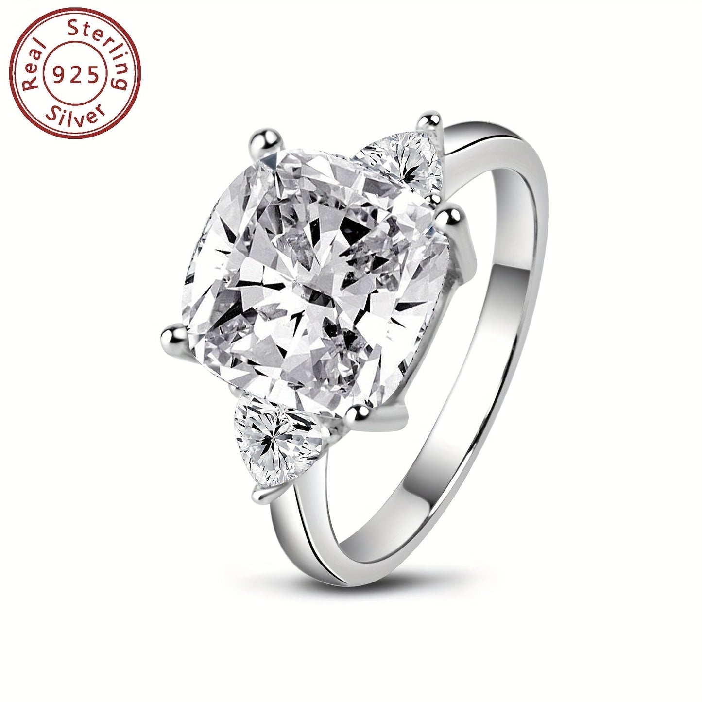 This stunning engagement ring features an elegant design with sparkling 3-stone synthetic cubic zirconia in square and triangle shapes. Made from 925 sterling silver with a high-polished finish, this ring is perfect for weddings and anniversaries. It