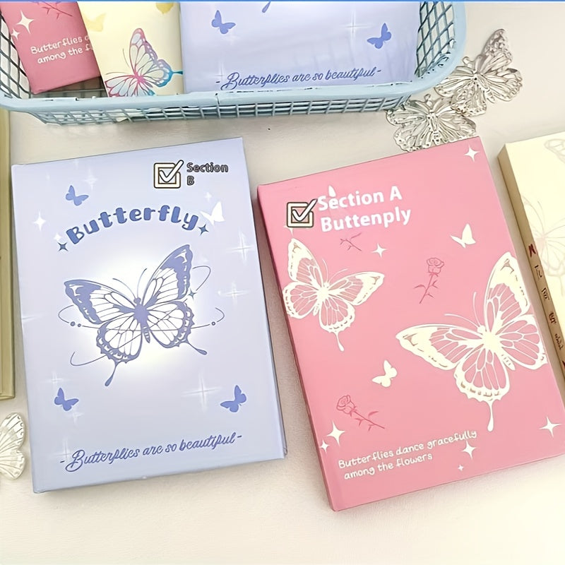 Personalized butterfly-themed notepad with space-themed paper, college ruled, portable for students age 14+, no feathers