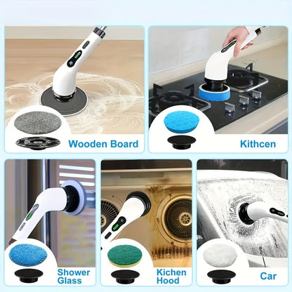 The Cordless Electric Rotating Washer comes with 9 replaceable brush heads and an adjustable extension handle. This 360-degree cordless cleaning brush is perfect for bathrooms, bathtubs, and tiles. Its powerful electric rotating floor washer makes