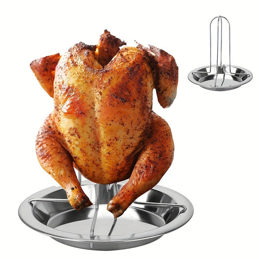 Stainless Steel Roasting Stand with Drip Pan - Versatile BBQ Chicken Holder for Grill or Oven, Non-Stick and Foldable. Durable Rack for Outdoor Camping and Home Barbecue Cooking.