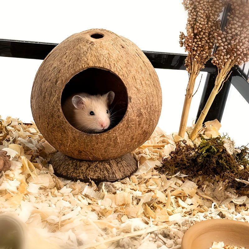 1pc Rat Coconut Nest for small pets to keep warm in winter, made from coconut shell with base for Squirrel, Hedgehog, Hamster, Sugar Glider, Parrot, and other birds.