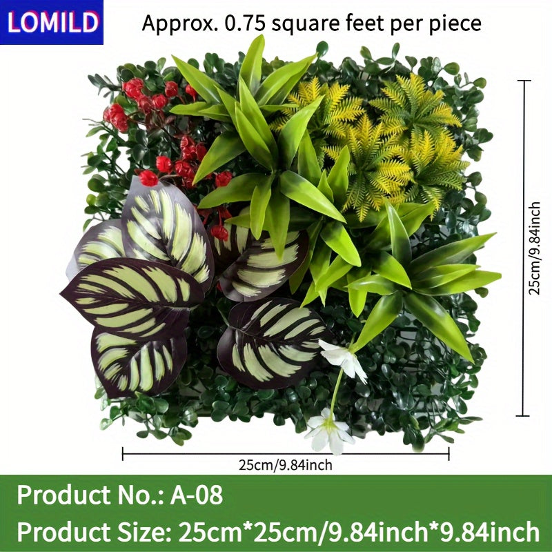 One piece of LOMILD Imitation Milan Mixed Green Plants in various styles with flower and grass skin. Ideal for outdoor wall, wedding, and festival decorations. Also suitable for tying