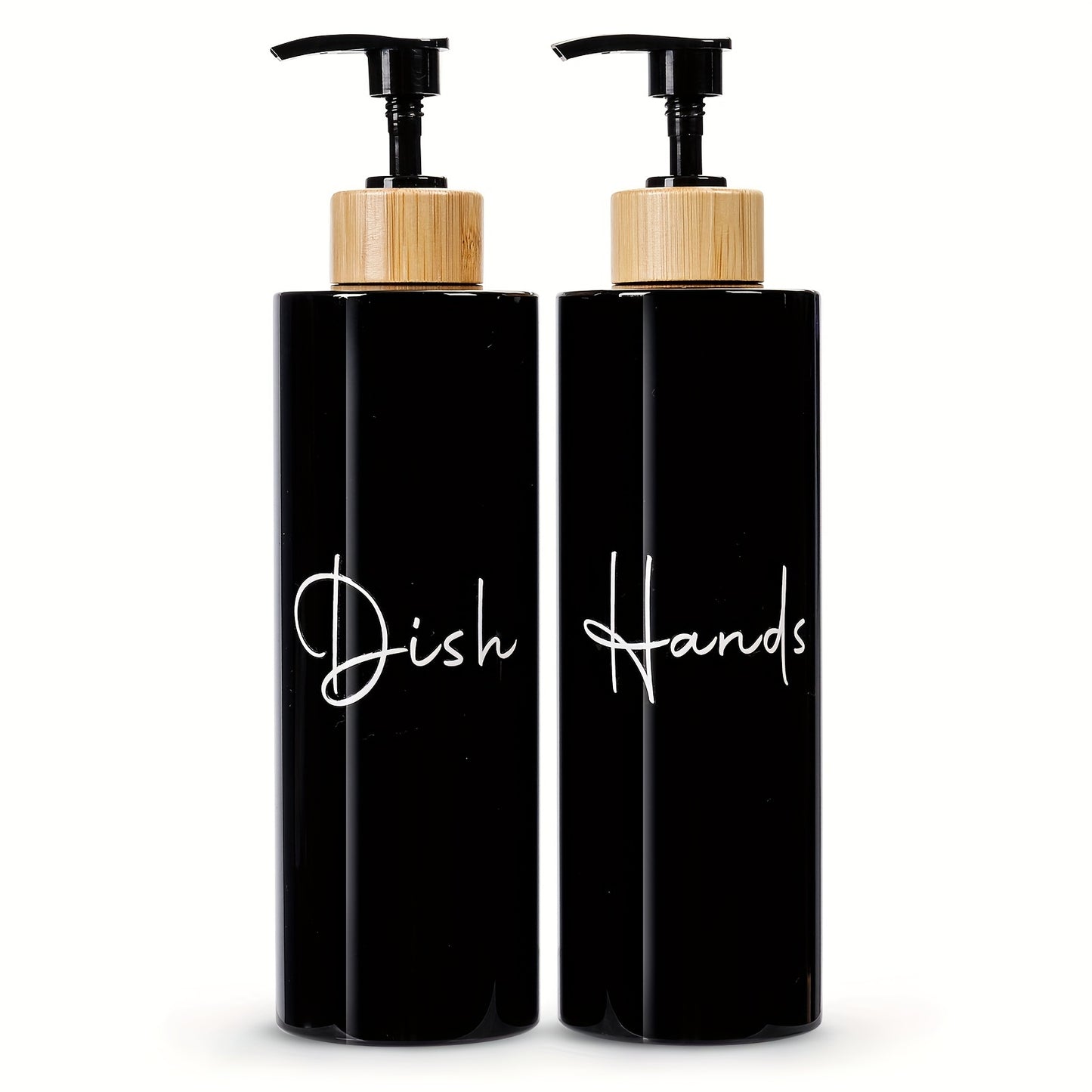 Set of 2 black refillable soap dispensers with wooden handles, made from lead-free plastic. Suitable for hand and dish soap, great for bathroom organization and storage, and elegant home decor accessories.