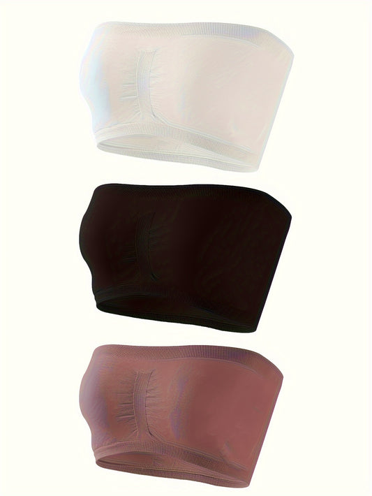 Three comfortable and stretchy strapless bandeau bras for everyday wear.