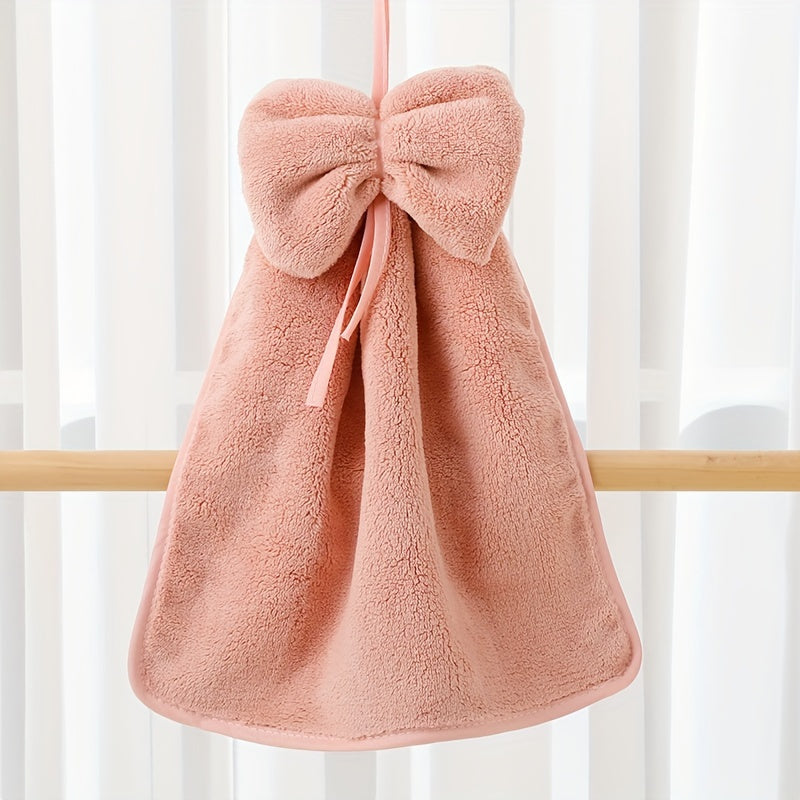 Bowknot Coral Velvet Fingertip Towel, Quick-drying, Absorbent, Cute hanging towel for bathroom.