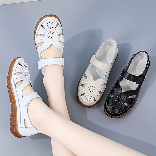 Women's trendy solid color flats with ankle band and soft sole, slip-on platform shoes with non-slip hollow out design.