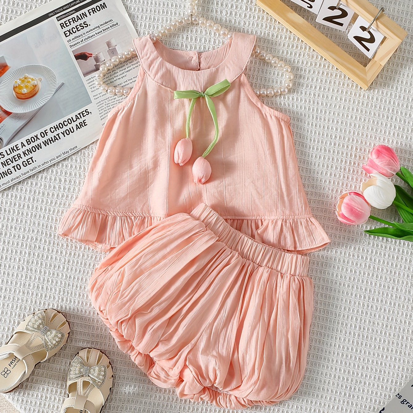 New Korean style two-piece summer set for girls with sleeveless top and tulip flower bud skirt and pants, ideal for outdoor activities.