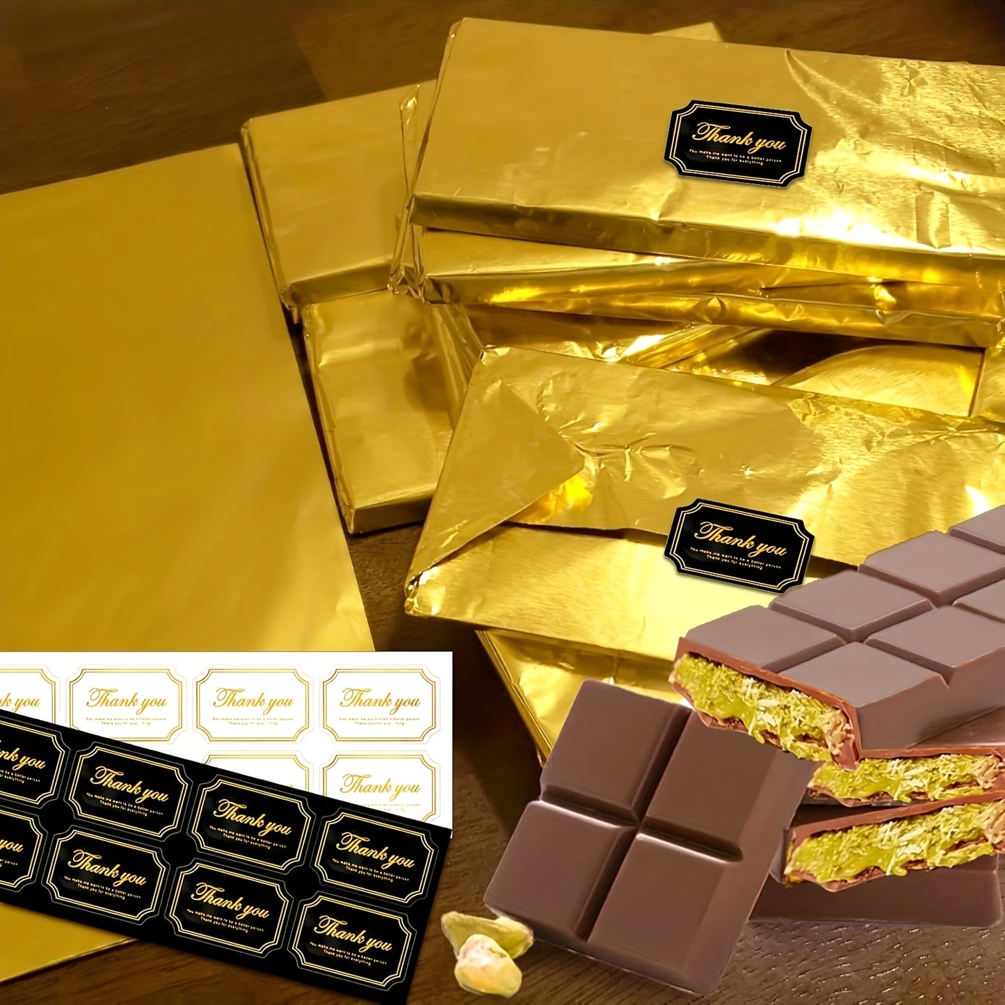 220-piece set including large Dubai Chocolate Bar pistachio wrappers,120 stickers, and 100 8-inch chocolate foil wrappers.