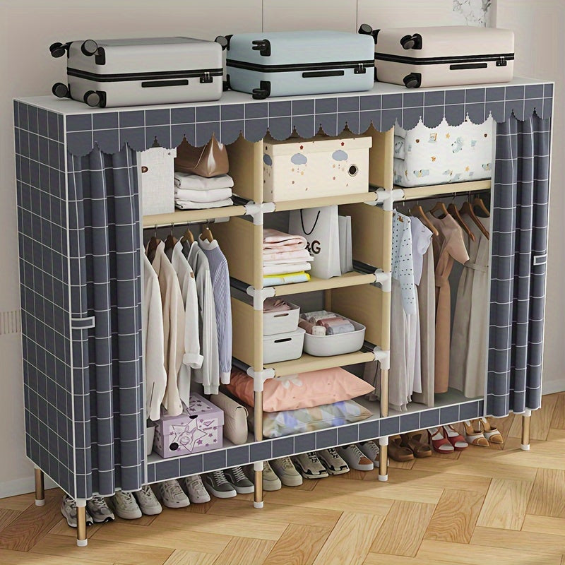 Solid color wide assembly with 10 shelves, 3 hanging rods, and plaid fabric. Portable closet for organizing wardrobe.