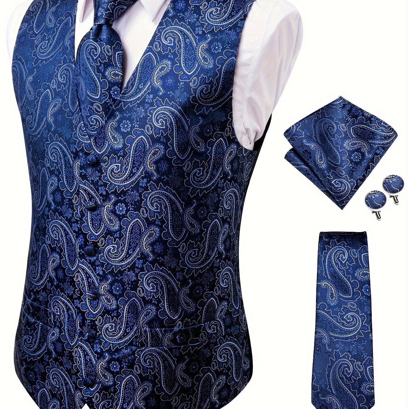 Set of 4 Plus Size Men's Paisley Vest with Necktie, Hanky, Cufflinks for Business, Wedding, Party