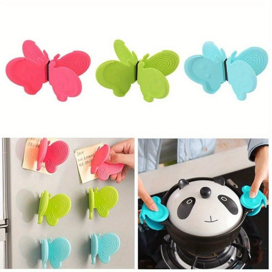 Silicone Butterfly-Shaped Pot Holder Clips - Set of 2, Secure Non-Slip Grip for Pots, Pans, and Dishes - Versatile Kitchen Accessory for Cooking, Baking, Camping, Work, and Dining