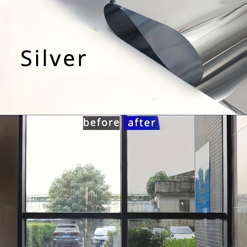 Premium mirror window film that provides privacy and blocks heat and UV rays, with one-way coloring during the day. Easy to apply stickers ideal for home and office use, made of