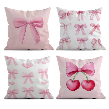 4 pink bow pillow covers for sofa, 45*45cm, single-sided print, peach skin material