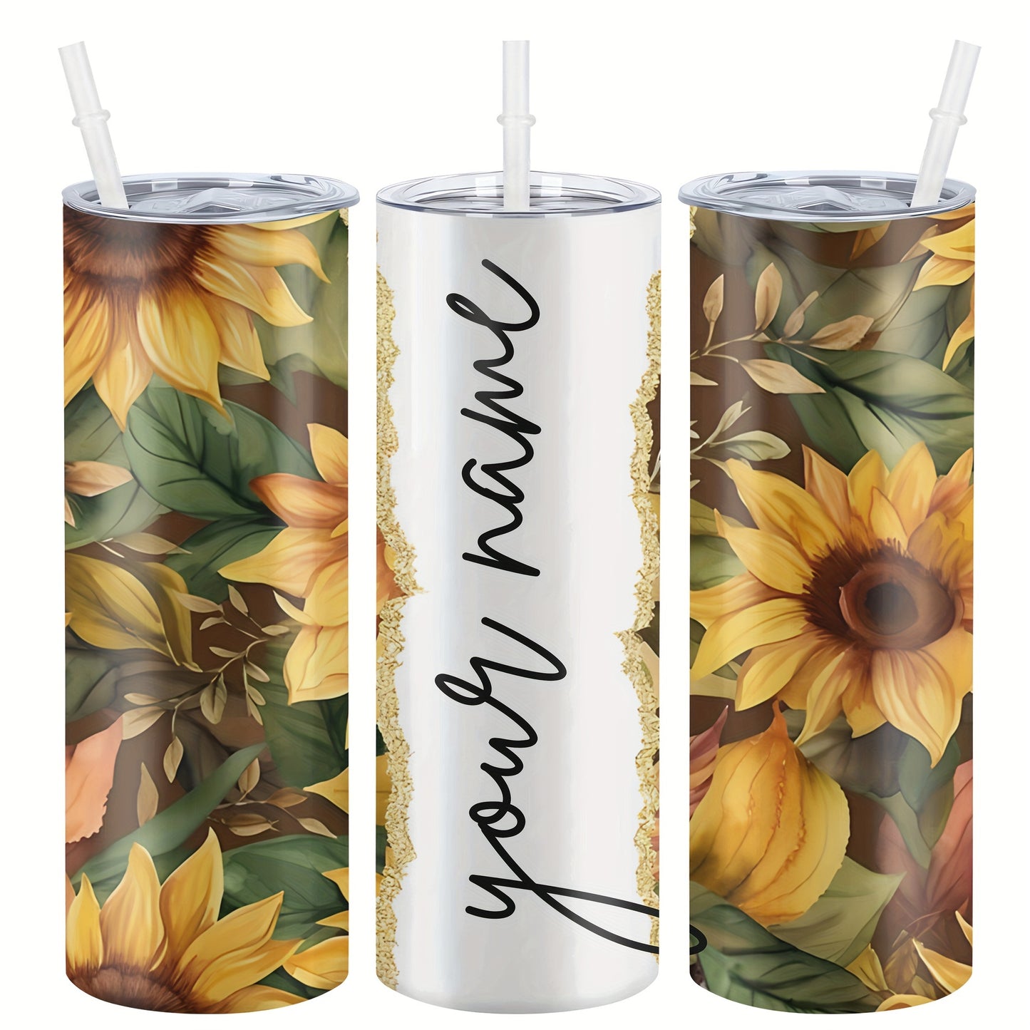 Customized sunflower stainless steel water bottle, 20oz with lid and straw, BPA-free, shatterproof, machine washable, perfect for outdoor travel and Valentine's Day gift.