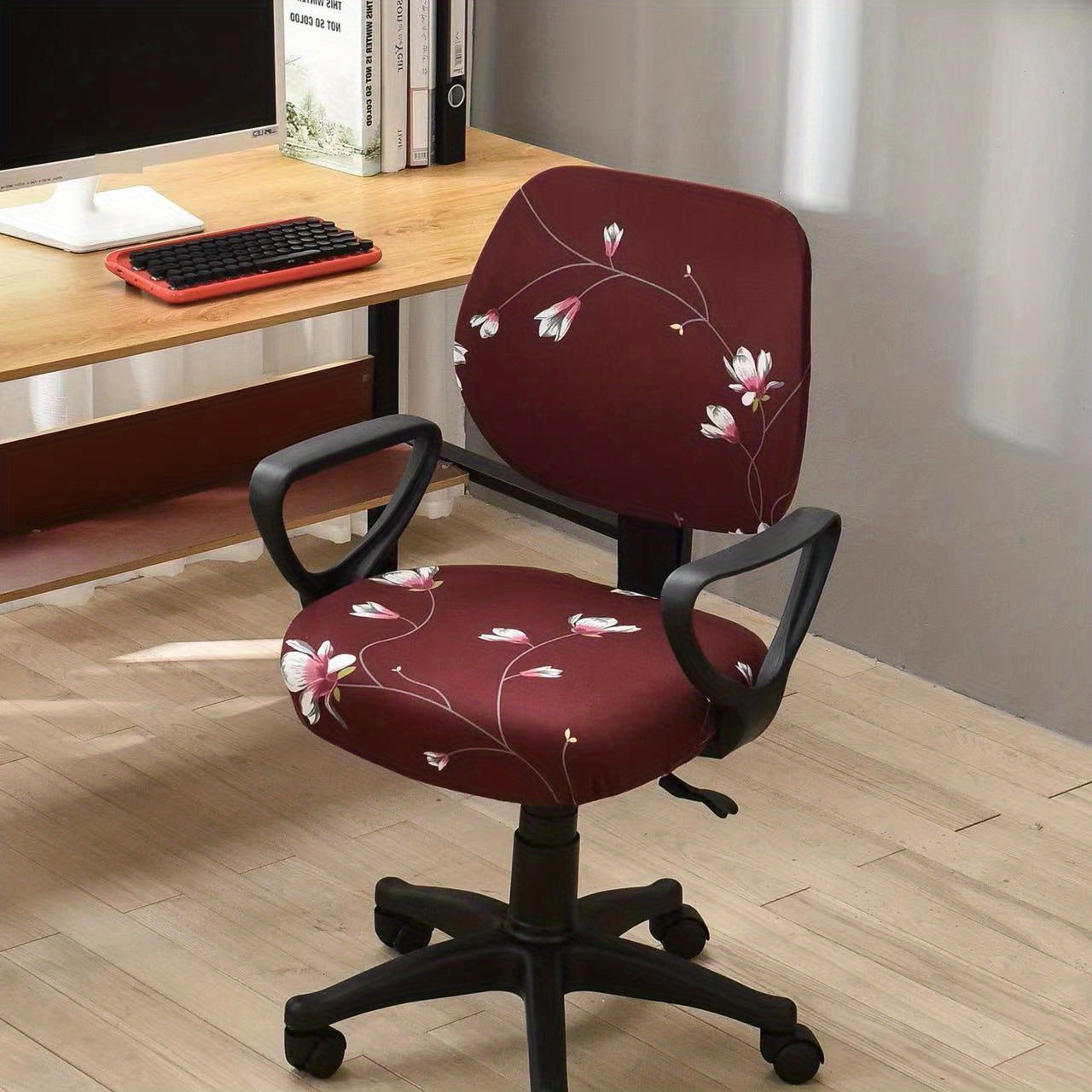 Elastic slipcover for computer dining chair, spandex material, washable and suitable for office or home decor.