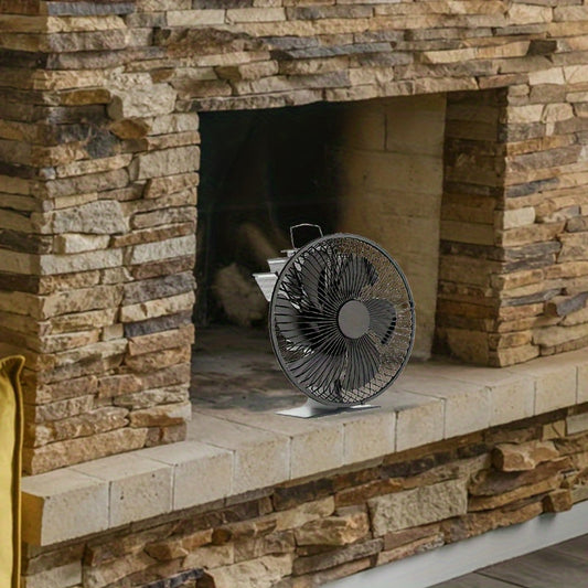 The fireplace fan is both quiet and powerful, featuring a protective cover and thermoelectric blade for even heat distribution. It also has an auto-shutoff function for high temperatures and a sturdy metal construction.