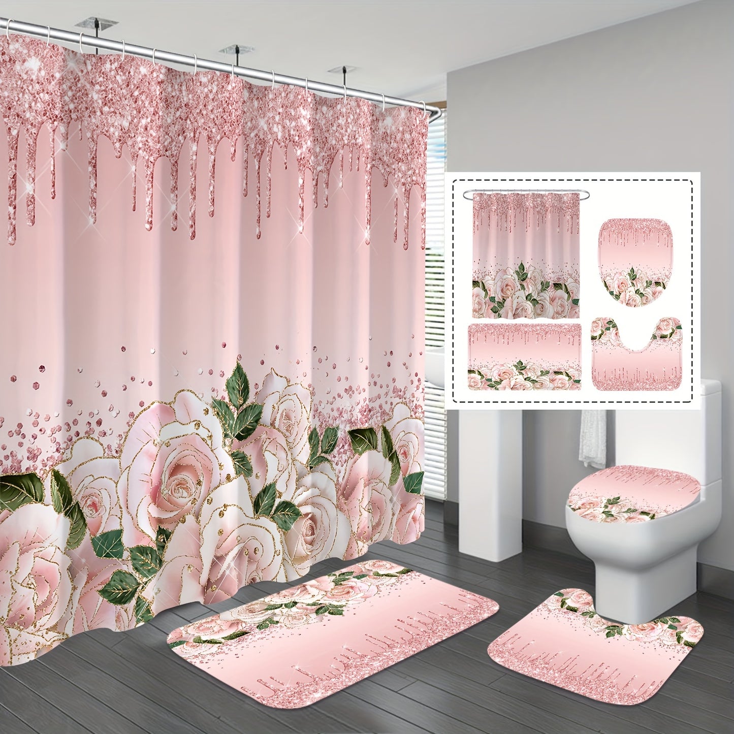 Set of 4 pink rose shower curtains with glitter, includes waterproof curtain, rug, u-shape mat, toilet lid cover, and 12 hooks.