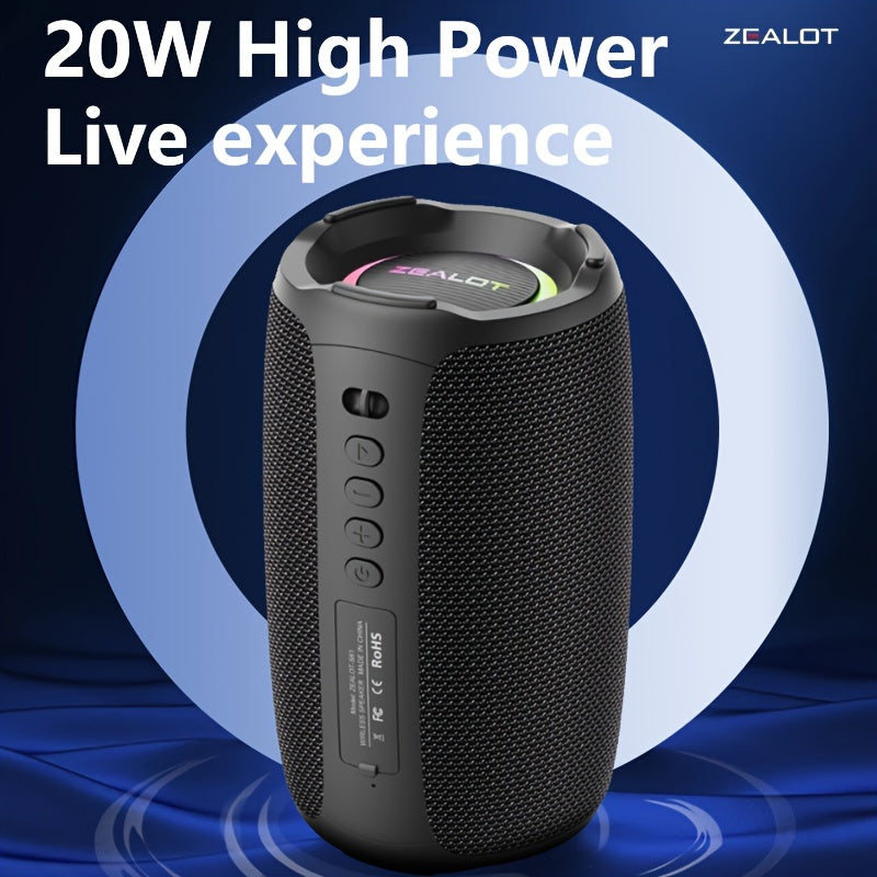 ZEALOT S61 20W Wireless Speakers support wired microphone and dual pairing. Features include 3600mAh battery for 20 hours of playtime, loud stereo, and booming bass. Compatible with mobile