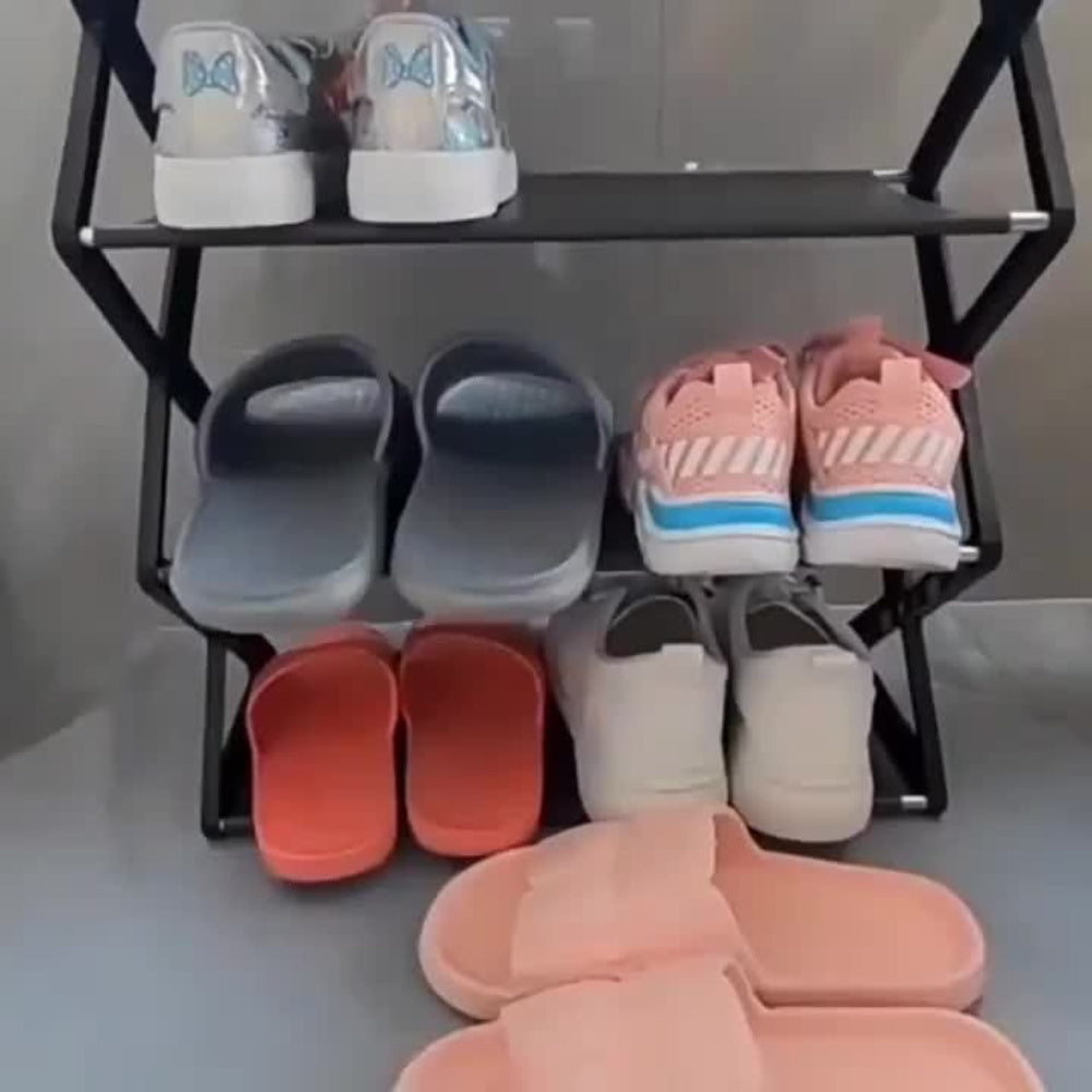 The Foldable 4-Tier Metal Shoe Rack is a compact floor-to-ceiling organizer designed for homes and kitchens. It can hold up to 12 pairs of shoes, making it a space-saving storage solution.