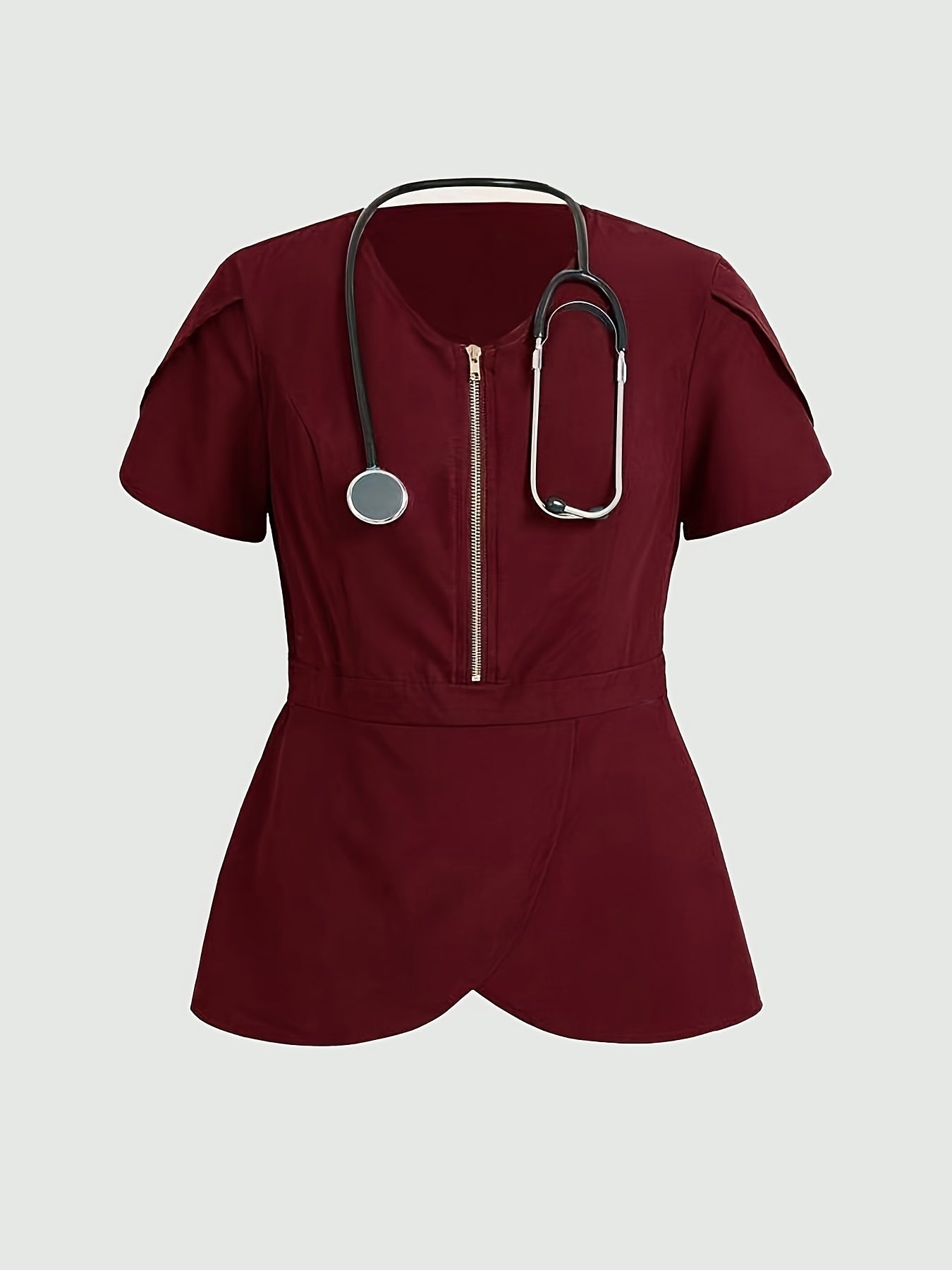 Women's solid color polyester scrub set with collarless design, short petal sleeves, slight stretch fabric, and zipper detail. Perfect for all-season medical nursing uniforms.