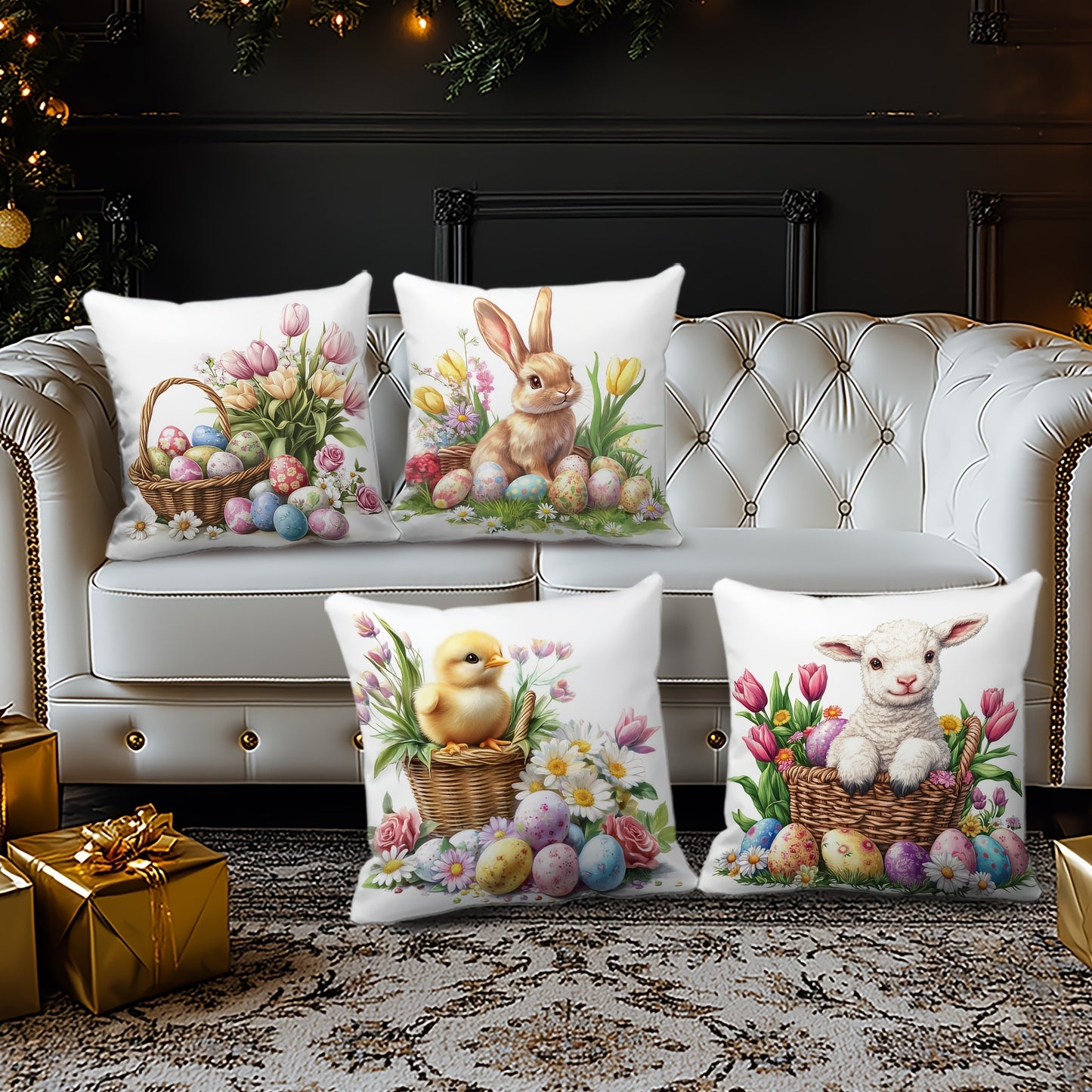 Set of 4 Easter floral throw pillow covers made of soft polyester with zip closure, hand washable. Ideal for sofa, home decor, office, and living room. No insert included. Single-sided printing.