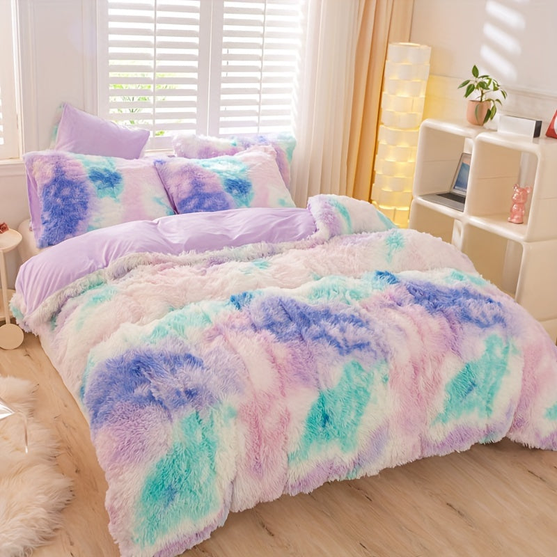 Y2K Tie Dye Plush Duvet Cover Set includes 3 pieces (1 Duvet Cover + 2 Pillowcases), providing soft and warm bedding.