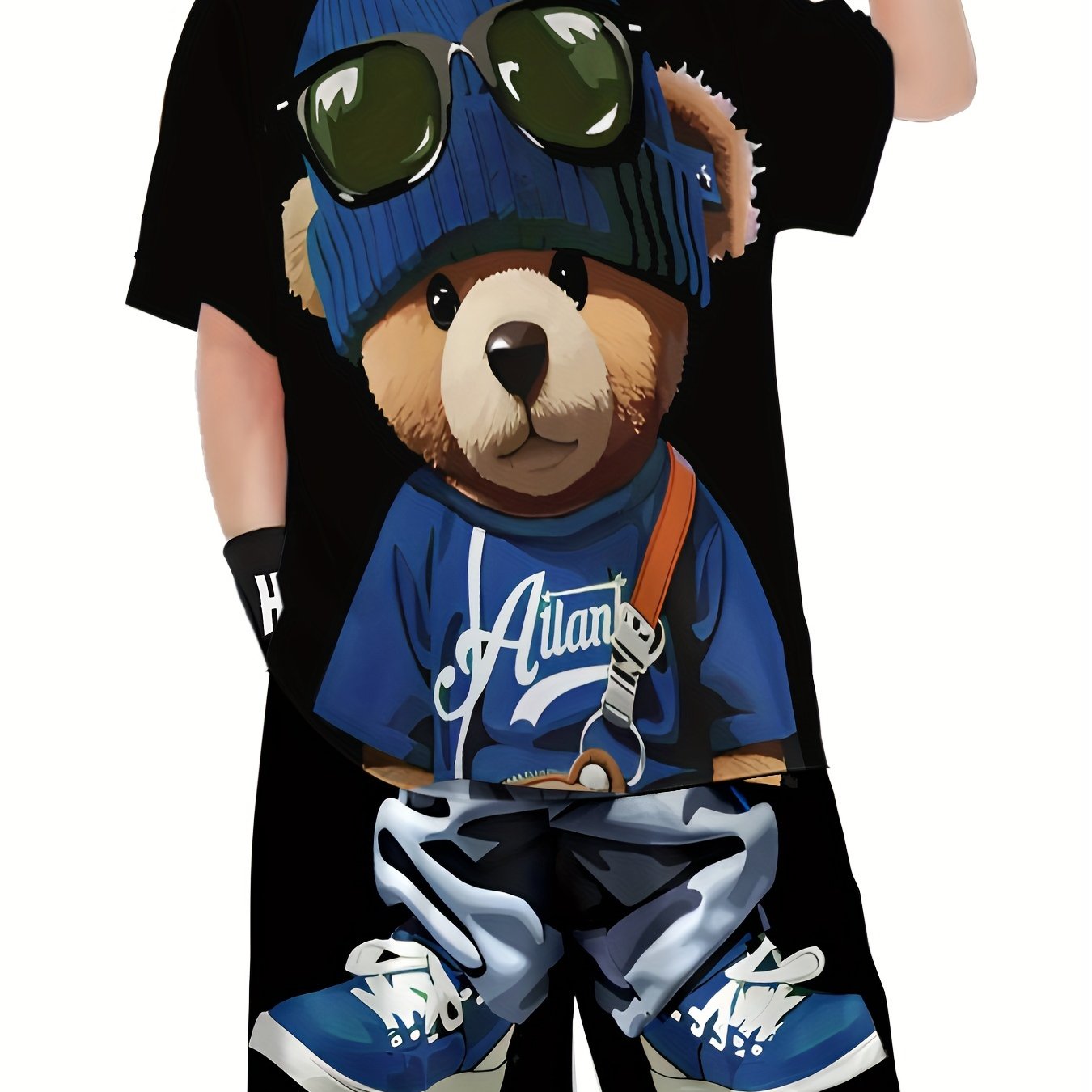 Children's bear print t-shirt and shorts set, casual party outfit made of polyester. Features round neck, short sleeve, loose fit, and random print. Suitable for spring/summer/autumn for