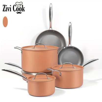 Zivi Cook 10-Piece Stainless Steel Cookware Set, Non-Stick Pots and Pans Ideal for Gas and Induction Stovetops, Long-Lasting Kitchen Cookware Collection