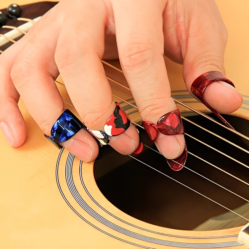 6-piece set of guitar parts including finger picks for guitar and bass practice, with protective finger picks in random colors.