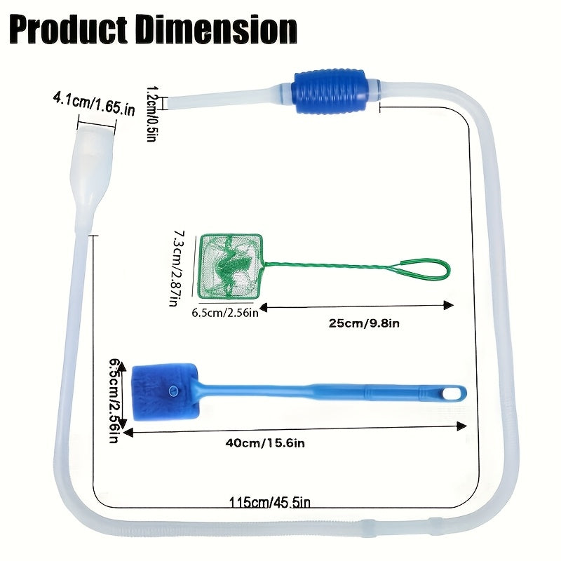 Aquarium Cleaning Kit includes Siphon, Fish Net, and Sponge Brush for maintenance.