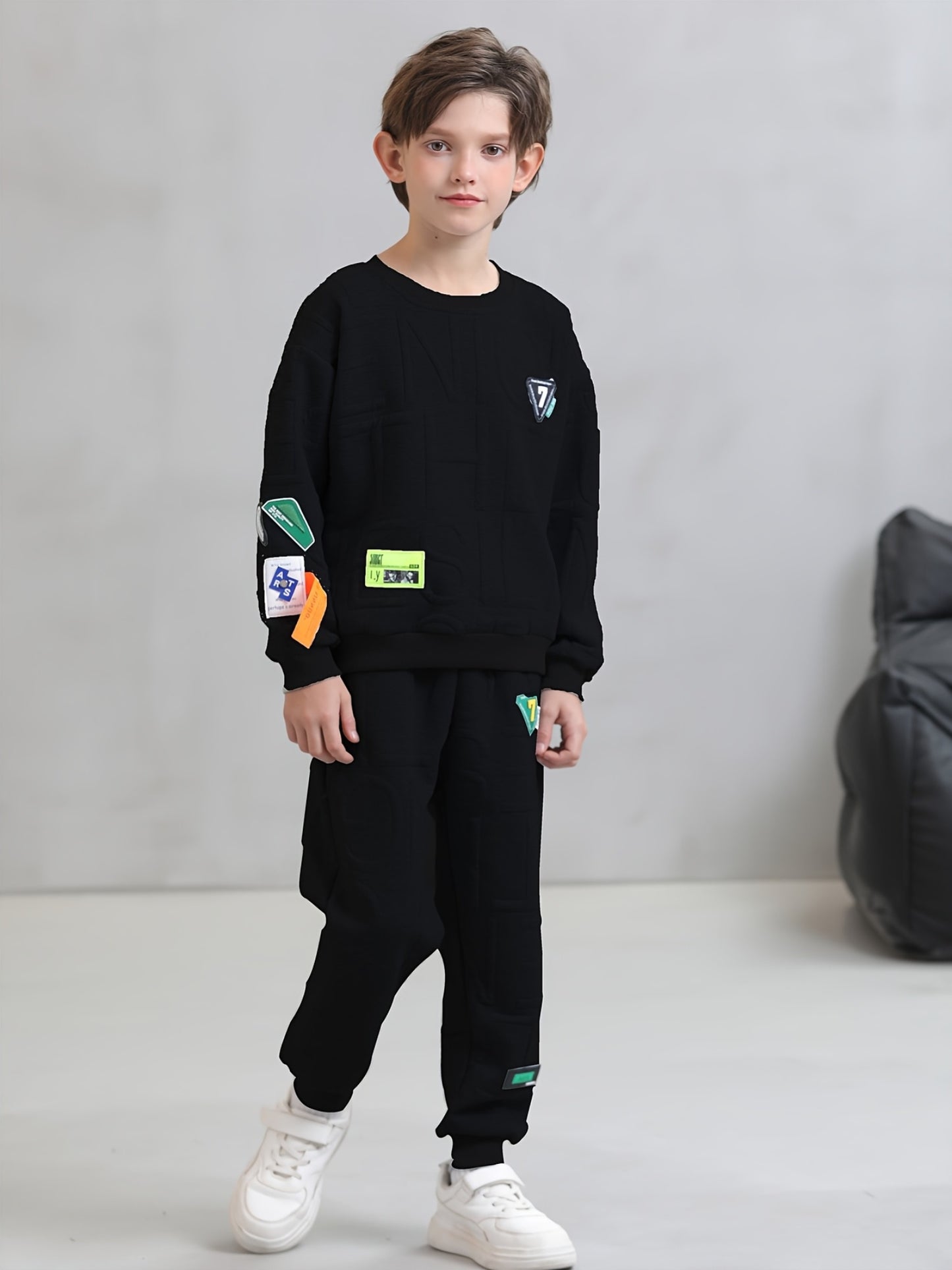 2-piece boys' casual viscose knit sweatshirt and pants set with alphabet pattern and applique detail for ages 12 and under, suitable for spring/fall outdoor wear.