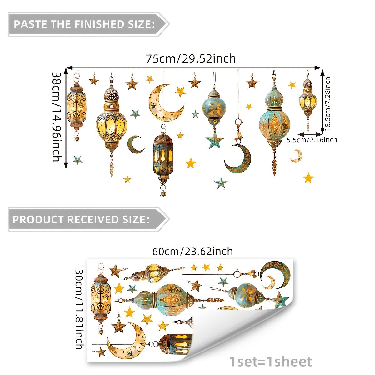 Двусторонняя наклейка с луной и звездами для празднования Рамадана - 30,48 см x 60,96 см - многоразовая статическая наклейка из ПВХ для декора спальни, гостиной и балкона - идеально подходит для фонарей, стекла, D16013-YJ