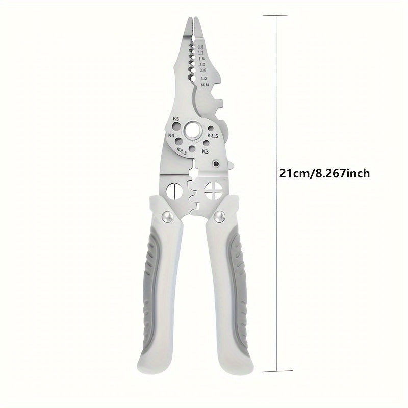 Heavy duty stainless steel wire cutter and stripper designed for electricians, ideal for wiring and crimping.