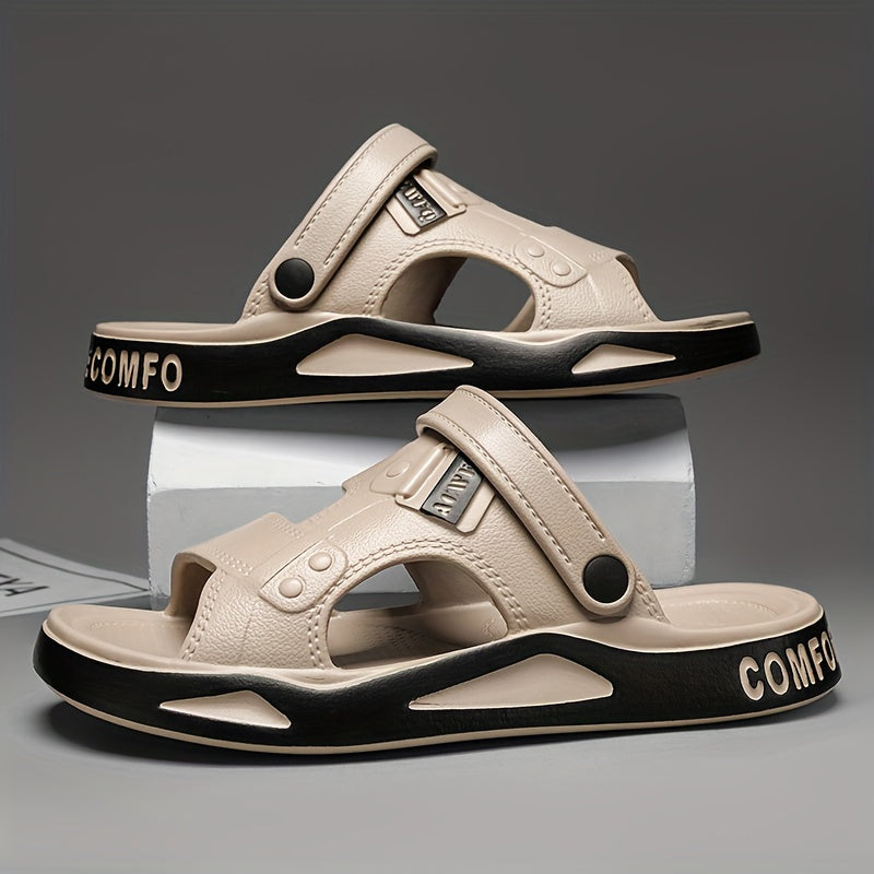 Summer slides for men with breathable, non-slip design featuring geometric pattern and made from EVA material.