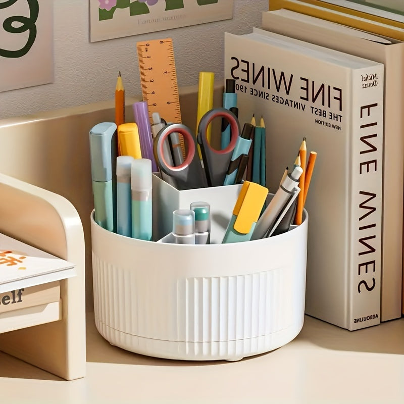 360° Rotating Cosmetic Organizer - Multi-functional makeup storage box for skincare and beauty supplies, with multiple compartments and a pen holder.