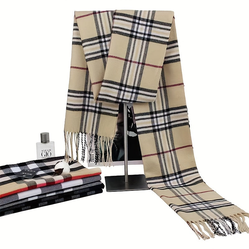 Soft and warm woven polyester men's scarf with classic checkered stripe design and fringe detail - 1 piece of classic style scarf.