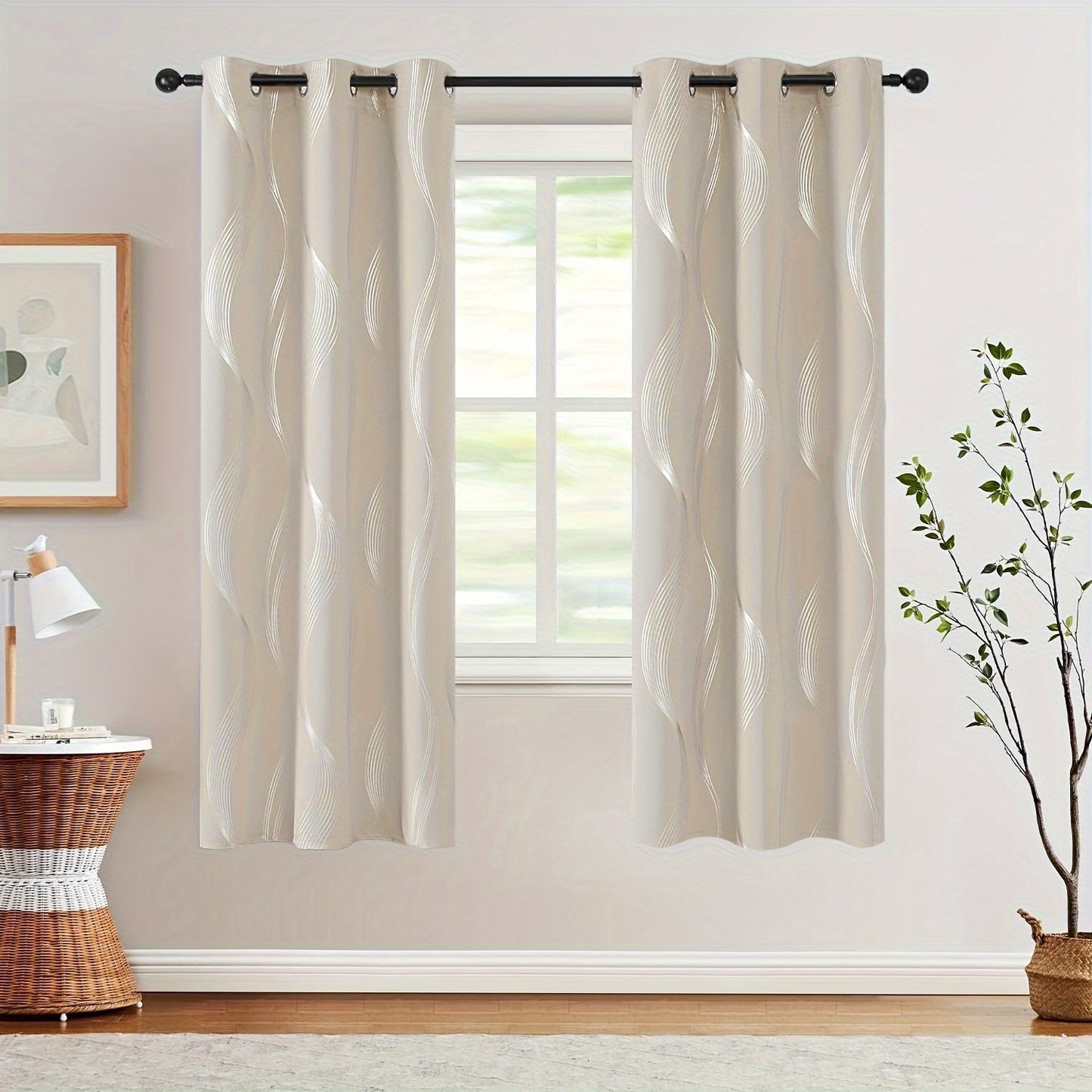 Two pieces of contemporary blackout curtains made from high-quality woven polyester, featuring a grommet top design for easy hanging. These room darkening drapes are machine washable and showcase a fantasy stripe pattern with eyelet detailing. Suitable