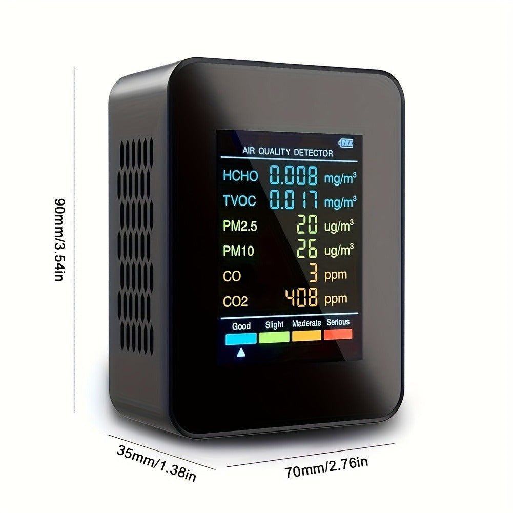 Premium air quality monitor with 6 detection capabilities for CO2, CO, PM2.5, PM10, HCHO, and TVOC, featuring a large LCD display, USB rechargeable, compact design for home and office use.