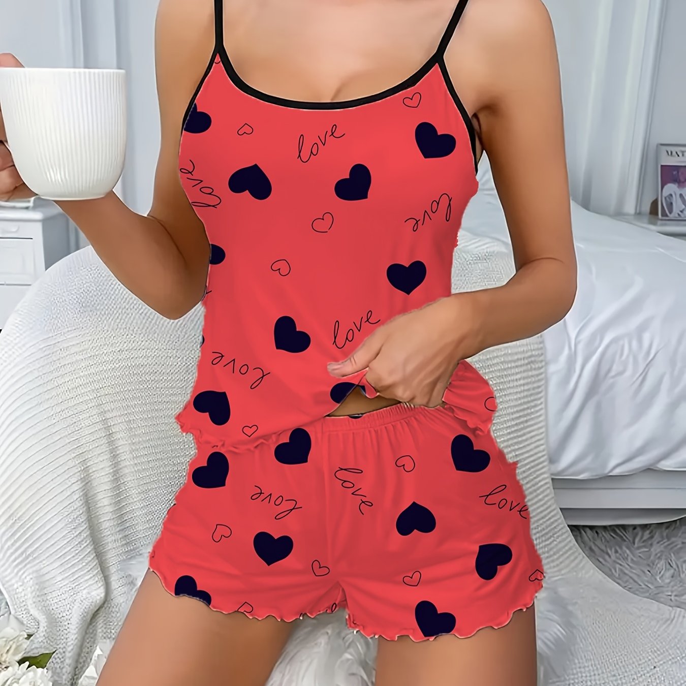 Women's Sleepwear Set with Heart Print, Frill Trim. Includes Backless Cami Top and Elastic Shorts.