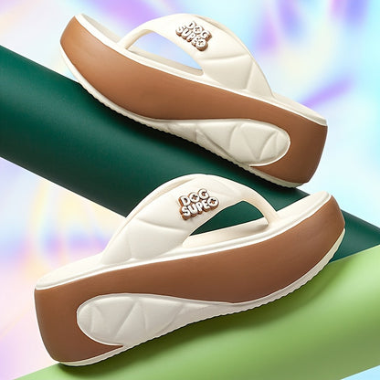 Women's stylish EVA flip-flops with arch support in cream & brown design for outdoor wear.