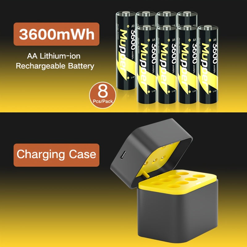 8-pack of rechargeable AA batteries with smart charging and storage case, made of lithium polymer and delivering constant voltage, with a capacity of 3600mWh.