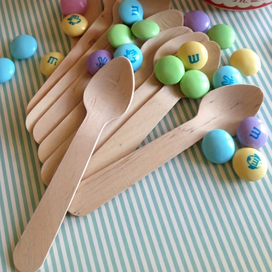 100 pieces of environmentally-friendly disposable birch spoons, perfect for serving cake, ice cream, and dessert. These recyclable bamboo products are ideal for use at parties, weddings, and camping trips.