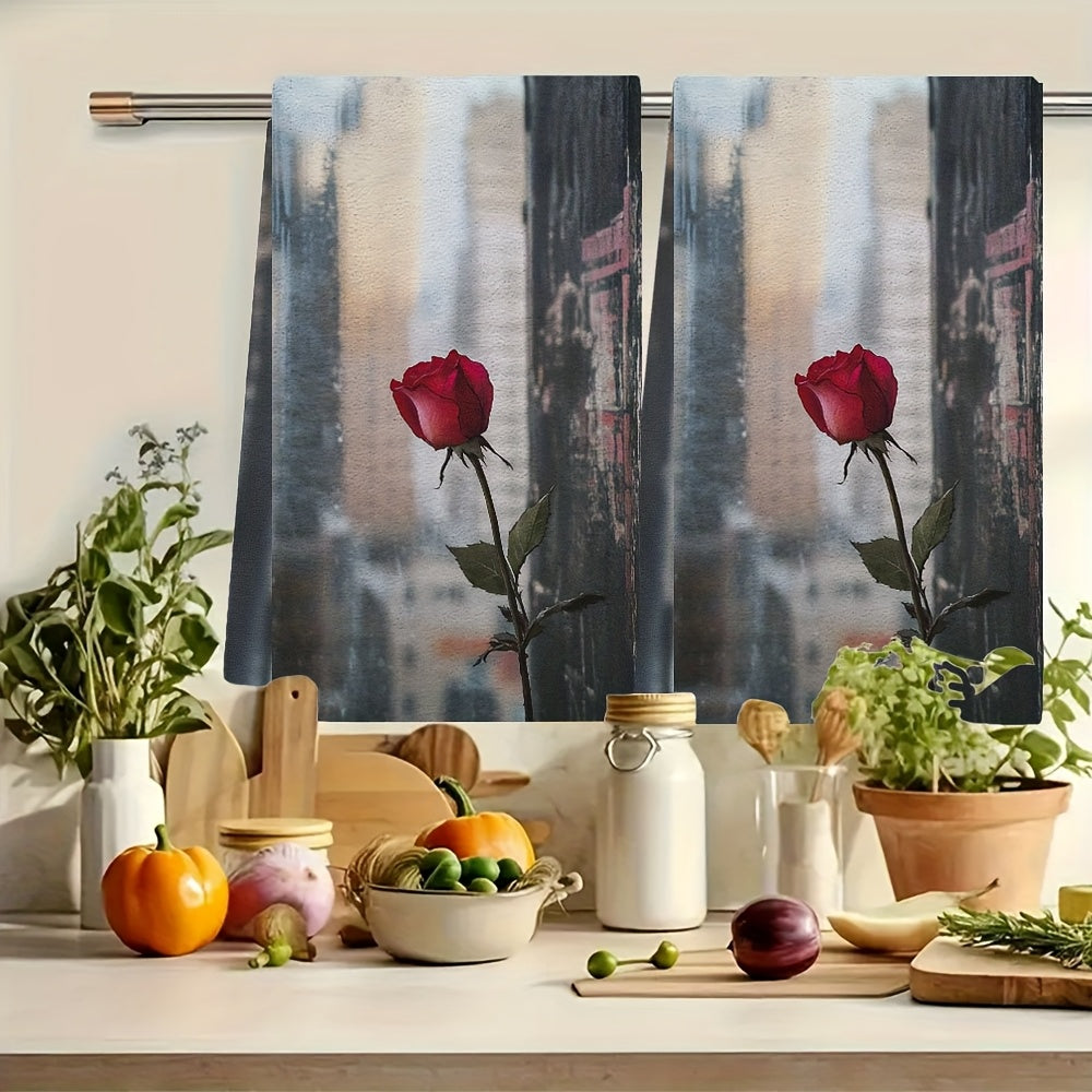 Set of 2 Ultra Soft Kitchen Towels featuring a Romantic Valentine's Rose Design. These towels are highly absorbent and machine washable, made of contemporary polyester material. Perfect for holiday decor, these dish hand towels measure 40.64x60.96 cm.