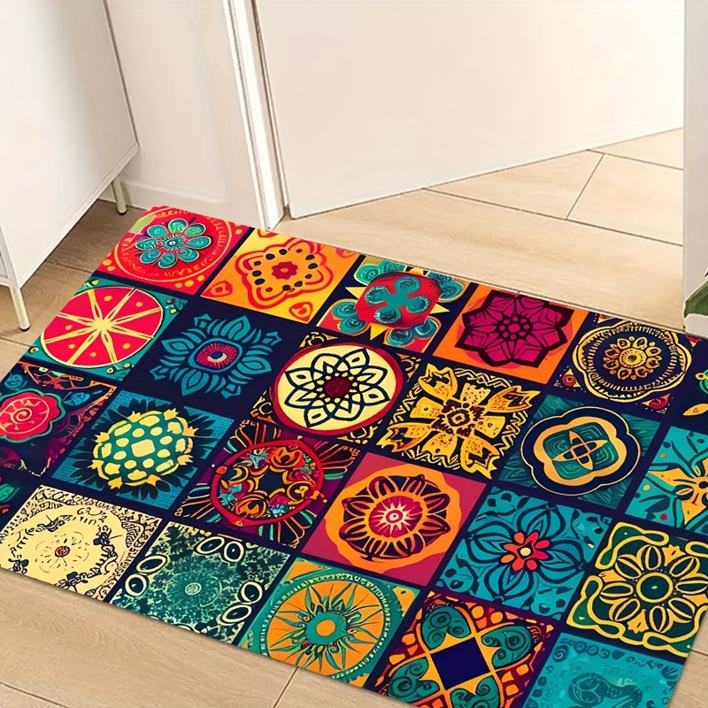 1pc Bohemian Square Floor Mat, Non-Slip, 8mm Thick, Machine Washable Polyester - Ideal for Various Indoor and Outdoor Spaces