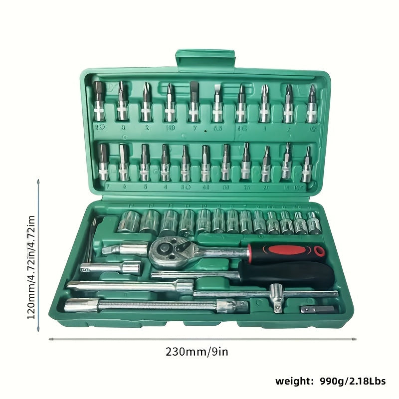 46-piece Ratchet & Socket Wrench Set in 1/4" Drive, Includes Extension Bar, Ideal for Auto Repair - Strong Metal Build, Light Green Color