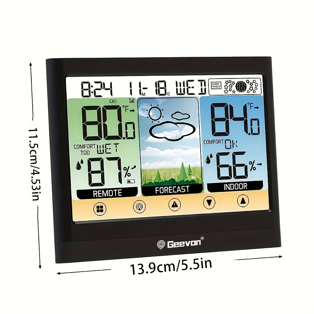 GEEVON Wireless Temperature Humidity Meter with Dew Point, Heat Index, Touch LCD display, Alarm, Adjustable Backlight, RFID function, and AC power supply. Made of ABS material.