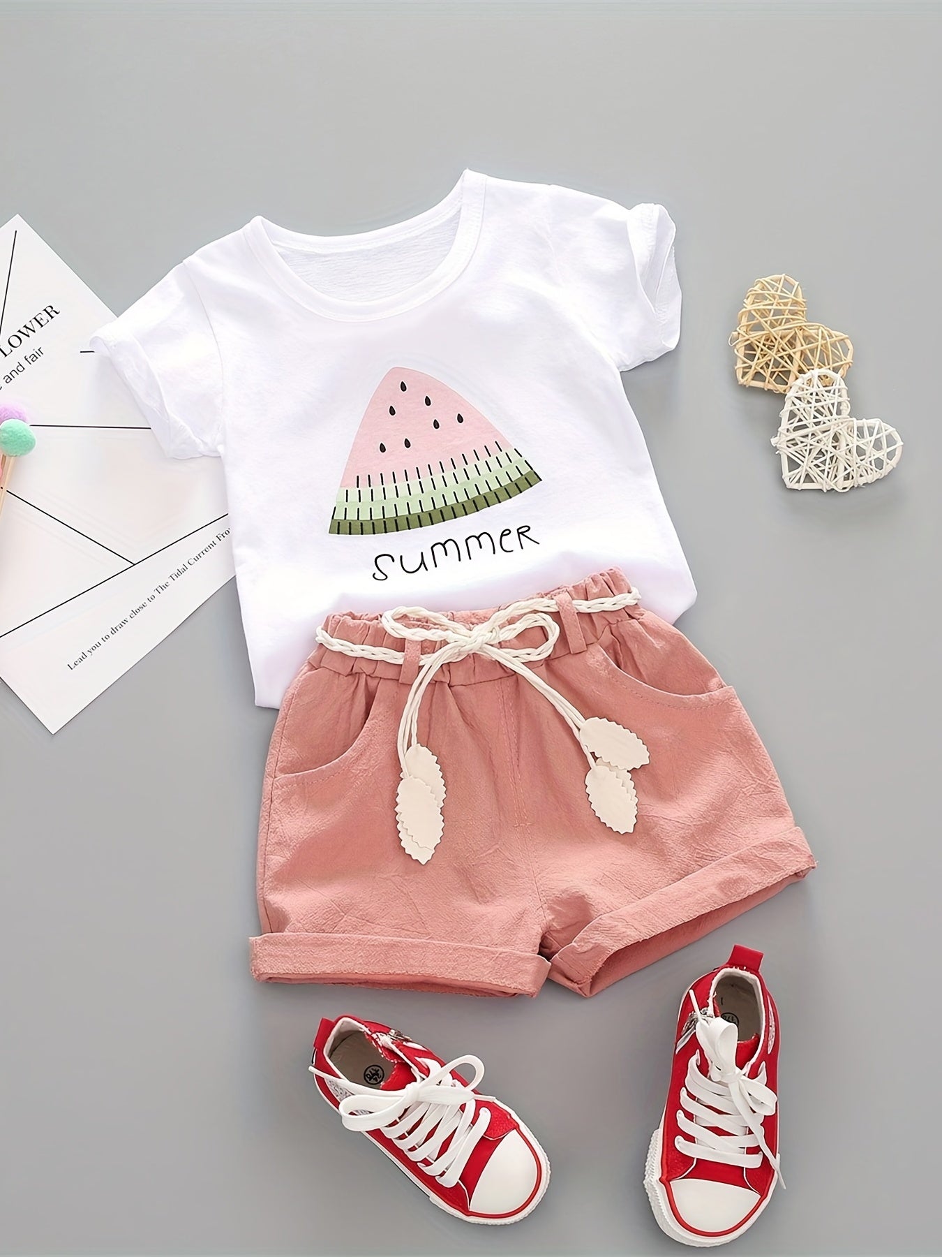 New girl's summer outfit: watermelon-printed short-sleeve shirt and casual shorts set.