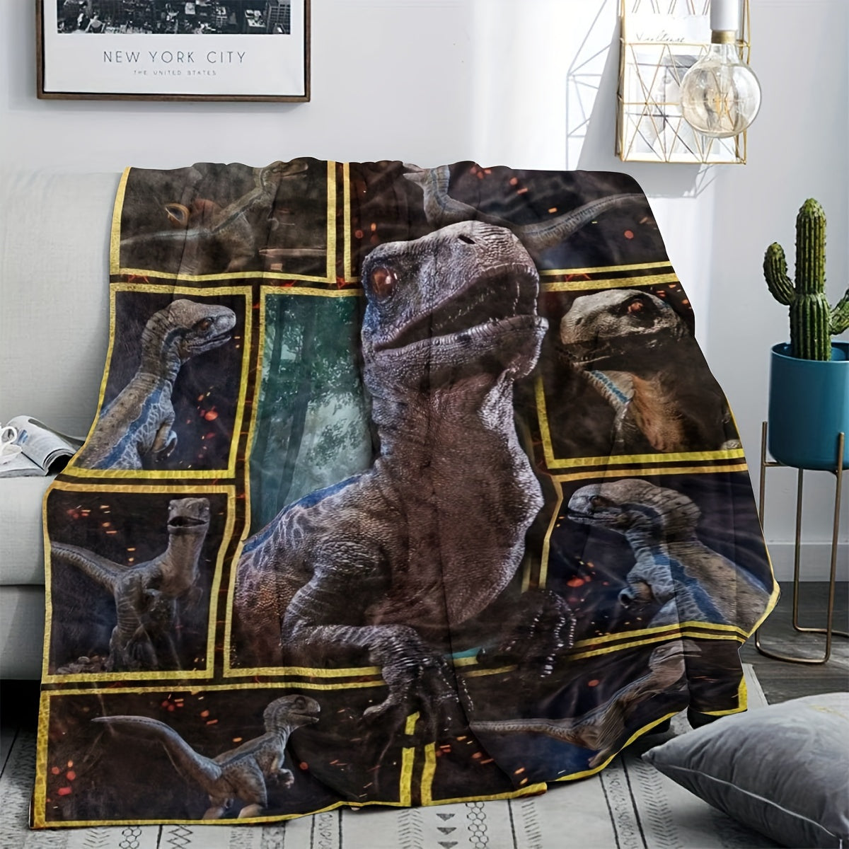 Soft plush throw blanket featuring a geometric pattern inspired by Jurassic dinosaurs. Made of 200-250g polyester with a digital print in a mid-century style. Versatile for use in all seasons and all weather conditions. Suitable for both men and women