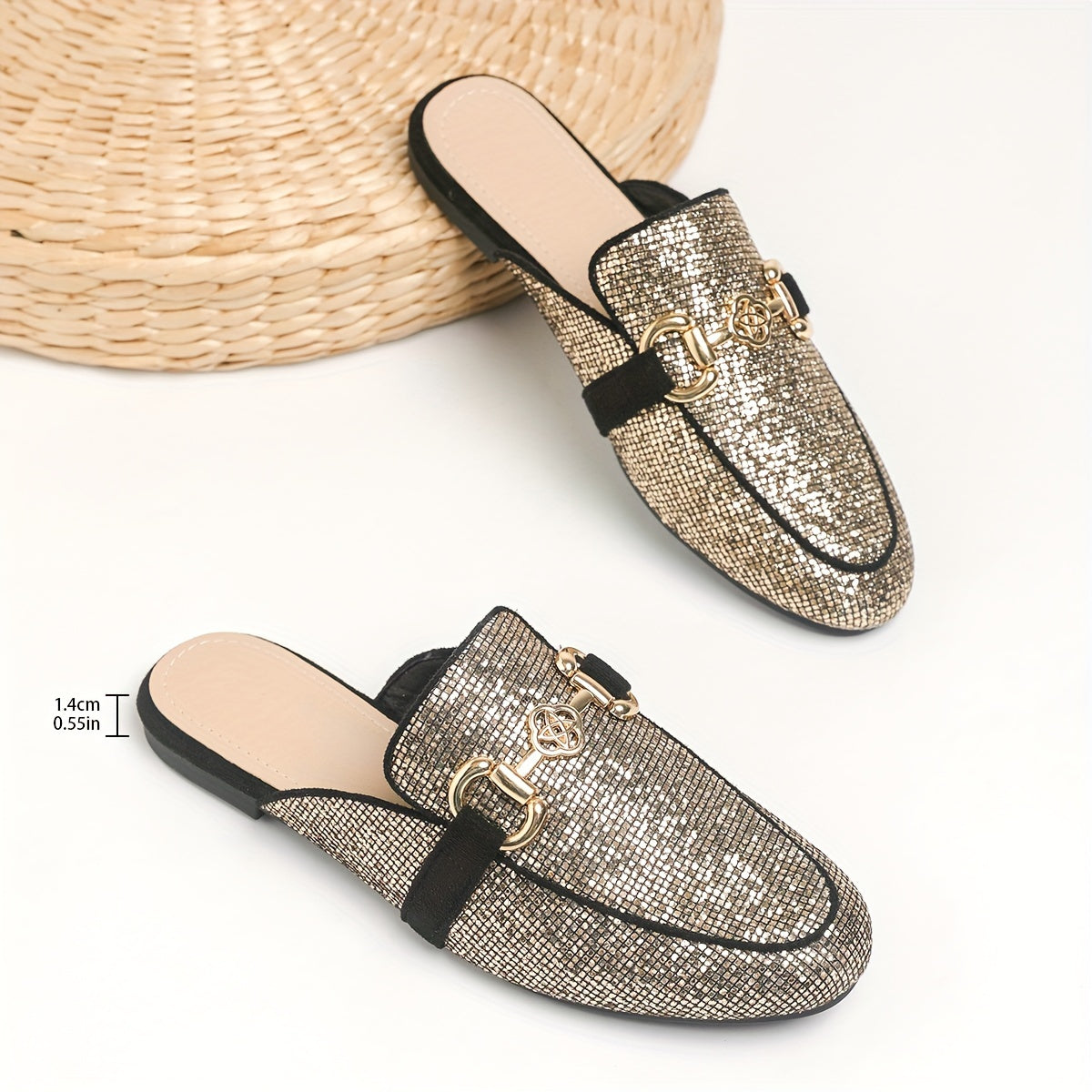 Golden sequin mules with metallic buckle, almond toe, faux leather upper, rubber sole. Perfect for summer fashion.