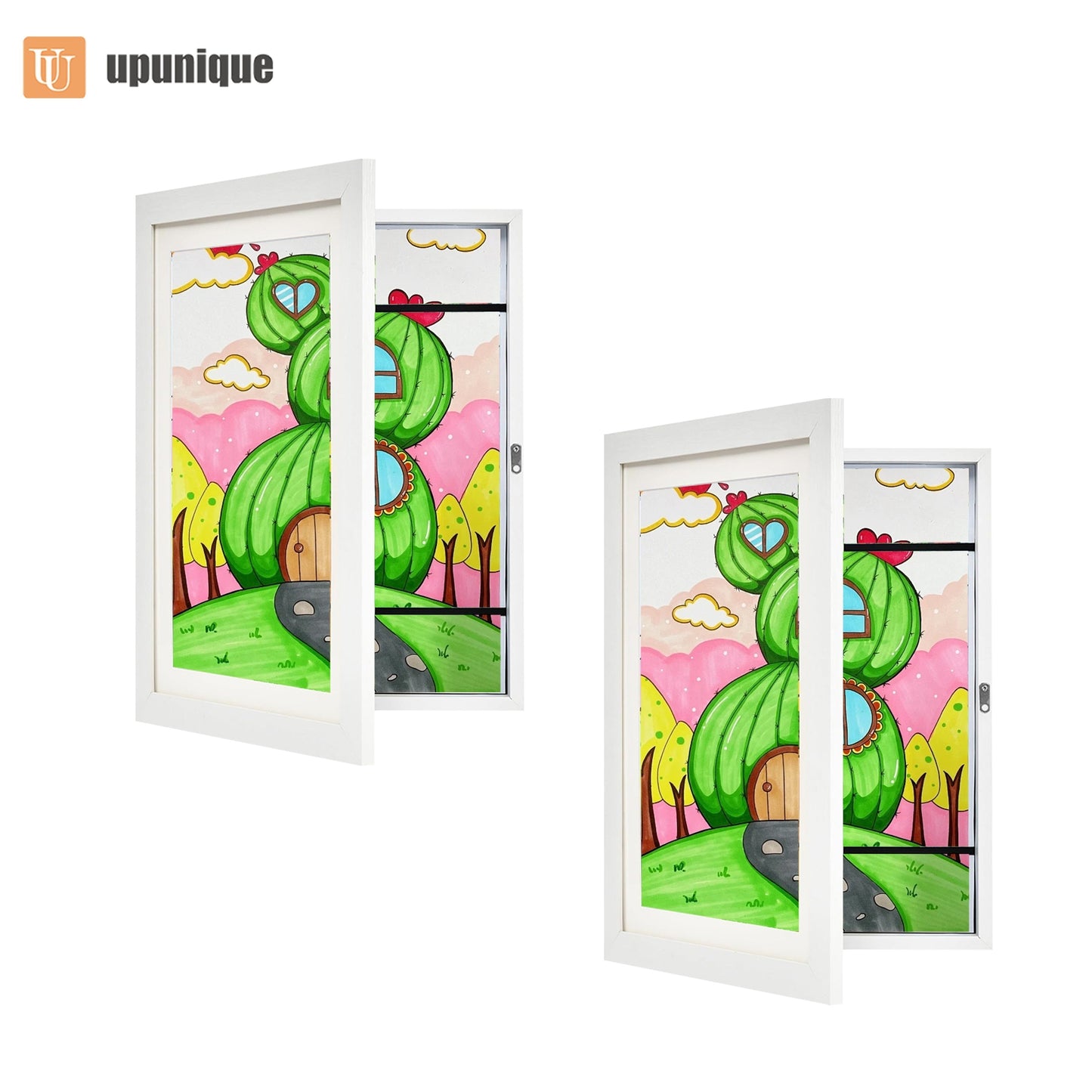 Kid's magnetic wooden picture frame for drawings and schoolwork with a lightweight design and vertical orientation, perfect for ages 3-12. Great for gifting at school or graduation.